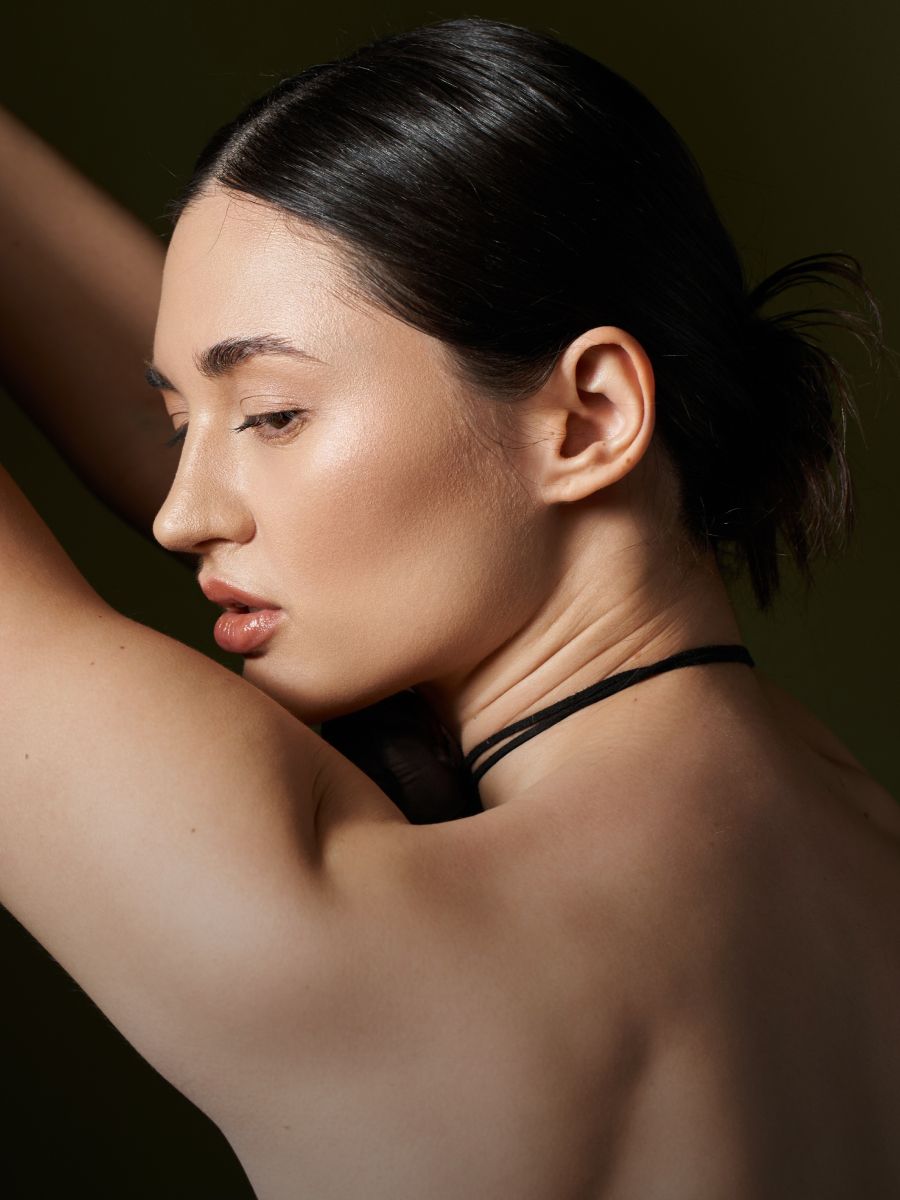 Close-up of a woman with elegant profile.